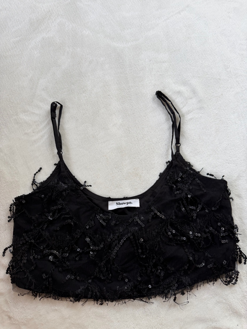 Showpo Black Sequin Fringe Crop Top